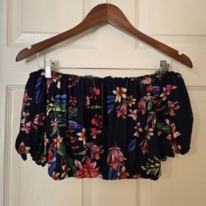 Floral Off-Shoulder Crop Top - Navy Multi